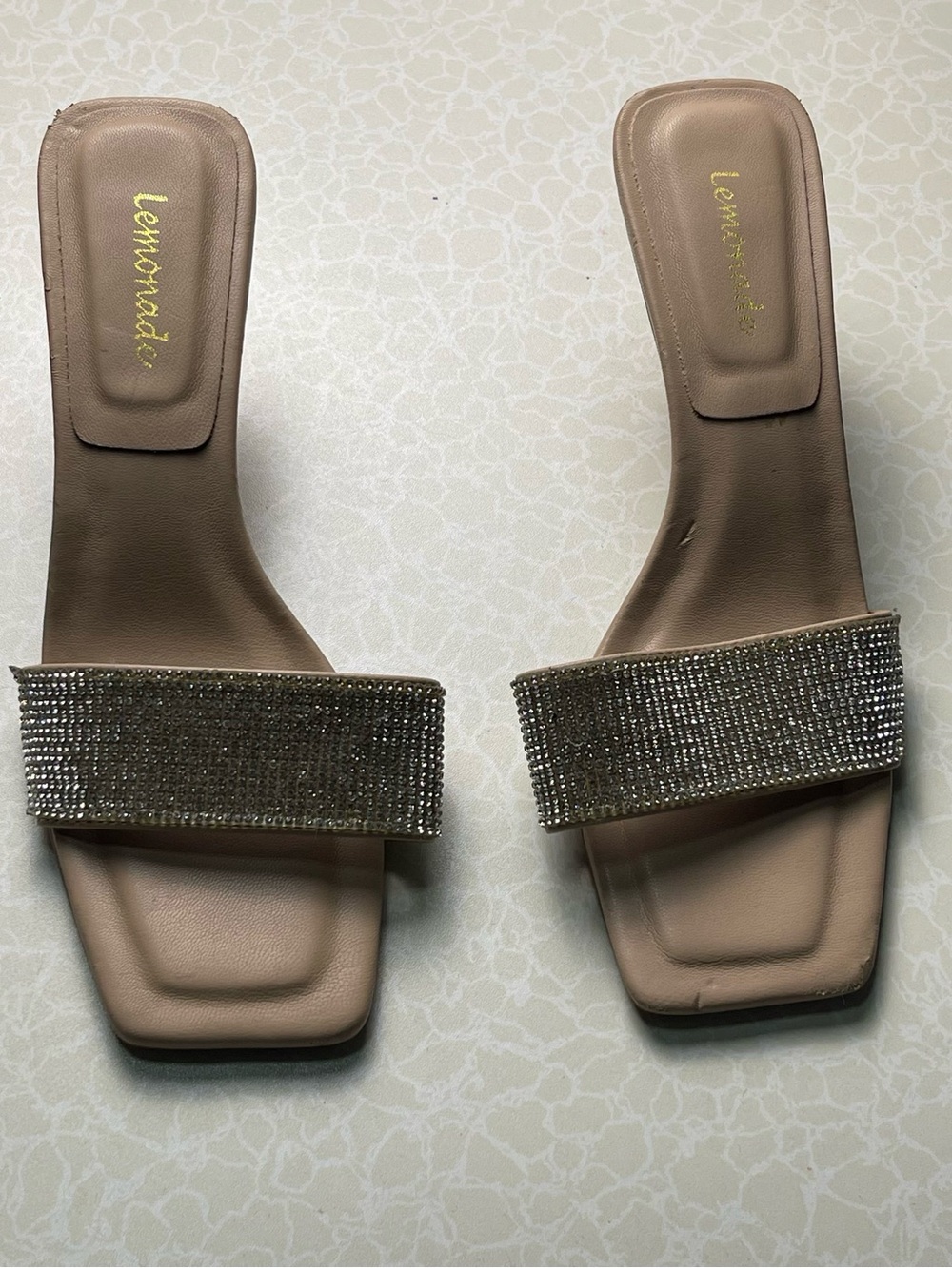 Lemonade Nude Rhinestone Strap Square Toe Slide Mules
